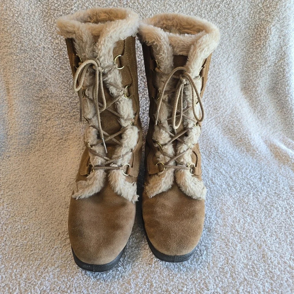 Vtg Yodelers Women's Brown Suede Winter Boots Faux Fur Trim Apres-ski Retro Boho